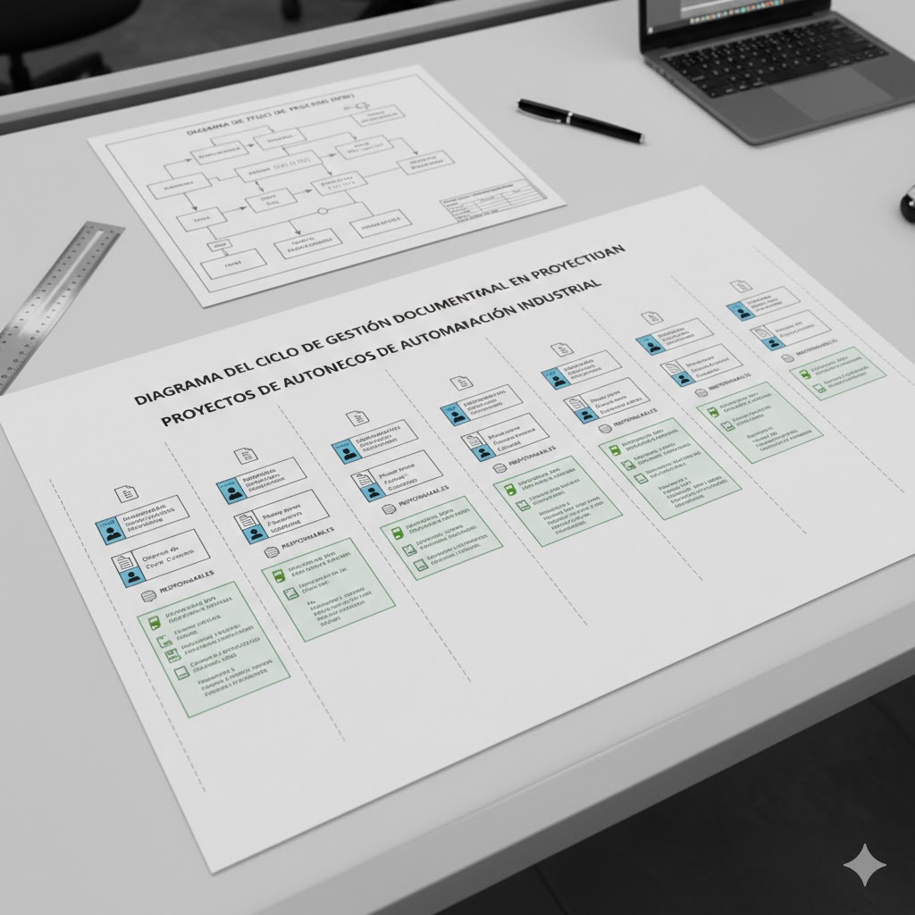 Flujo completo de gestión documental en proyecto de automatización mostrando interdependencias entre documentos técnicos y ciclo de vida del proyecto