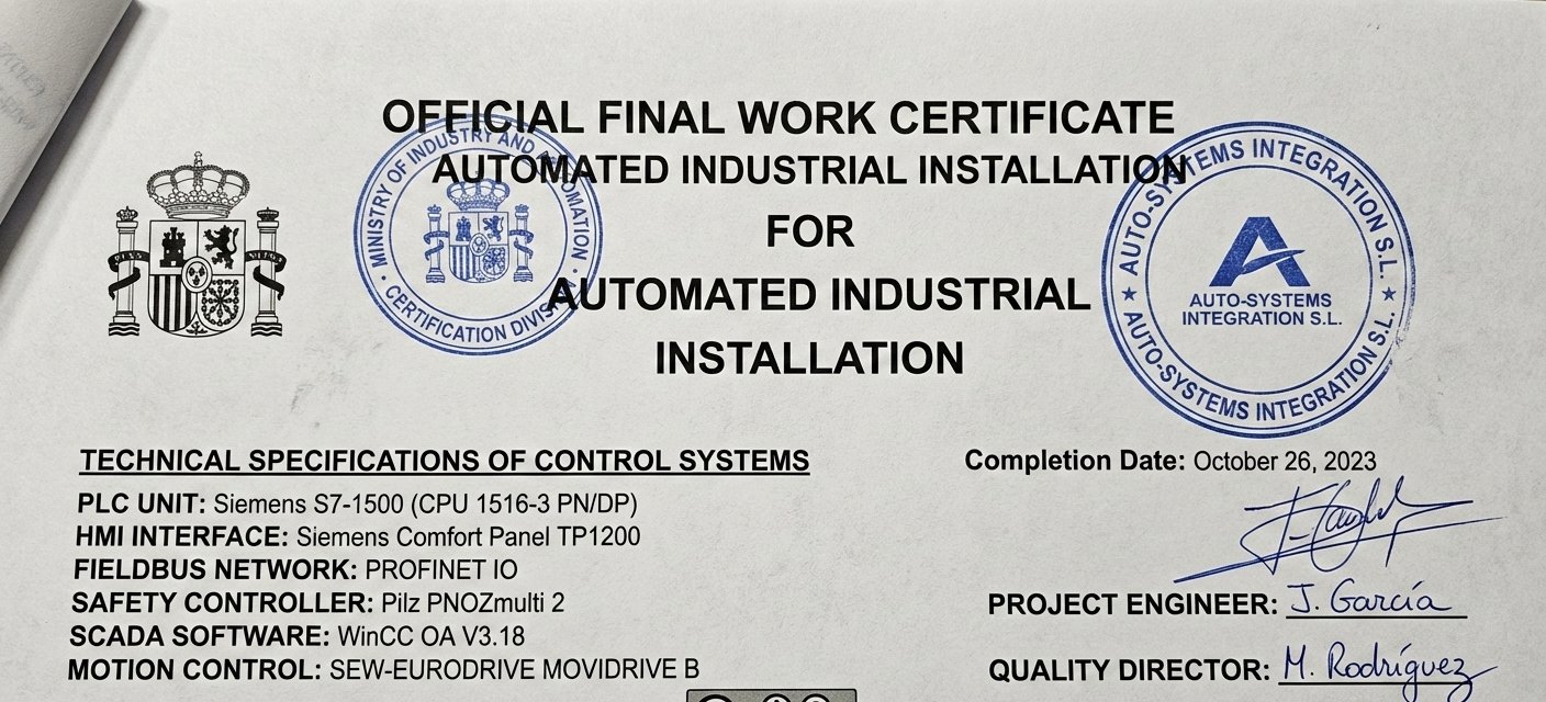 Certificado de fin de obra oficial para instalación industrial automatizada, mostrando sellos, firmas y apartados técnicos específicos de sistemas de control