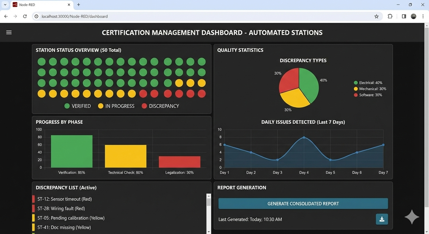 Dashboard de gestión de certificación desarrollado en Node-RED, mostrando en tiempo real el estado de verificación de 50 estaciones automáticas, con indicadores de color (verde/amarillo/rojo), porcentajes de completitud, lista de discrepancias detectadas, y generación automática de informe consolidado. Incluye gráficos de progreso y estadísticas de calidad.