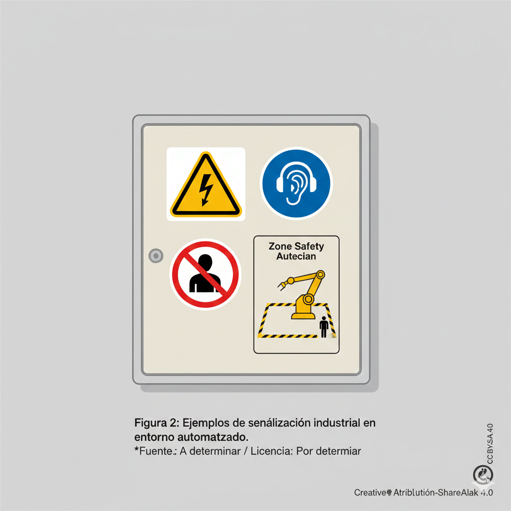 Panel con diferentes tipos de señales: advertencia de riesgo eléctrico, obligación de usar protección auditiva, prohibición de acceso sin autorización, y marcaje de suelo con zona de seguridad alrededor de un robot.