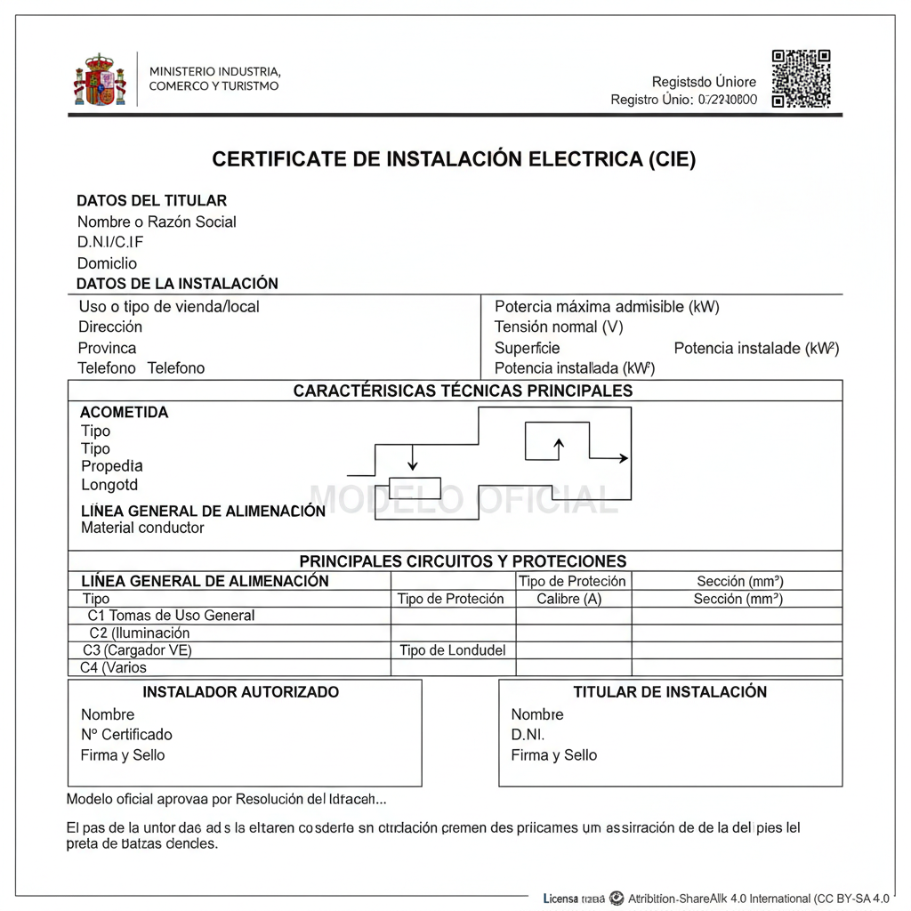 Primera página de un modelo oficial de boletín de instalación eléctrica para baja tensión, con campos de datos del titular, emplazamiento, datos técnicos (potencia, tensión, sección de cables) y cuadro de protecciones. Se observan casillas para firmas de instalador y titular.