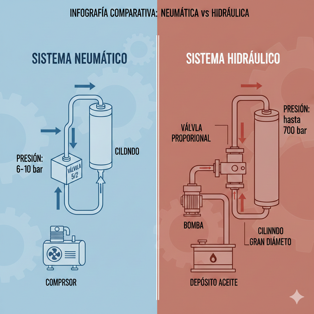 Infografía comparativa lado a lado: izquierda sistema neumático (compresor, cilindro, válvula 5/2, aire) con etiquetas de presión 6-10 bar; derecha sistema hidráulico (bomba, depósito aceite, cilindro de gran diámetro, válvula proporcional) con etiquetas de presión hasta 700 bar.