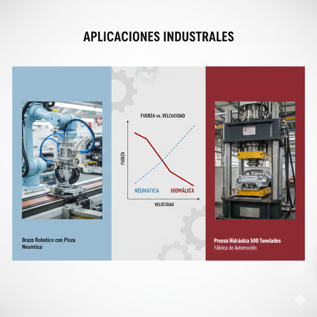 Collage de aplicaciones: izquierda brazo robótico con pinza neumática en línea de montaje; derecha prensa hidráulica de 500 toneladas en fábrica de automoción; centro, gráfico de fuerza vs. velocidad comparando ambas tecnologías.