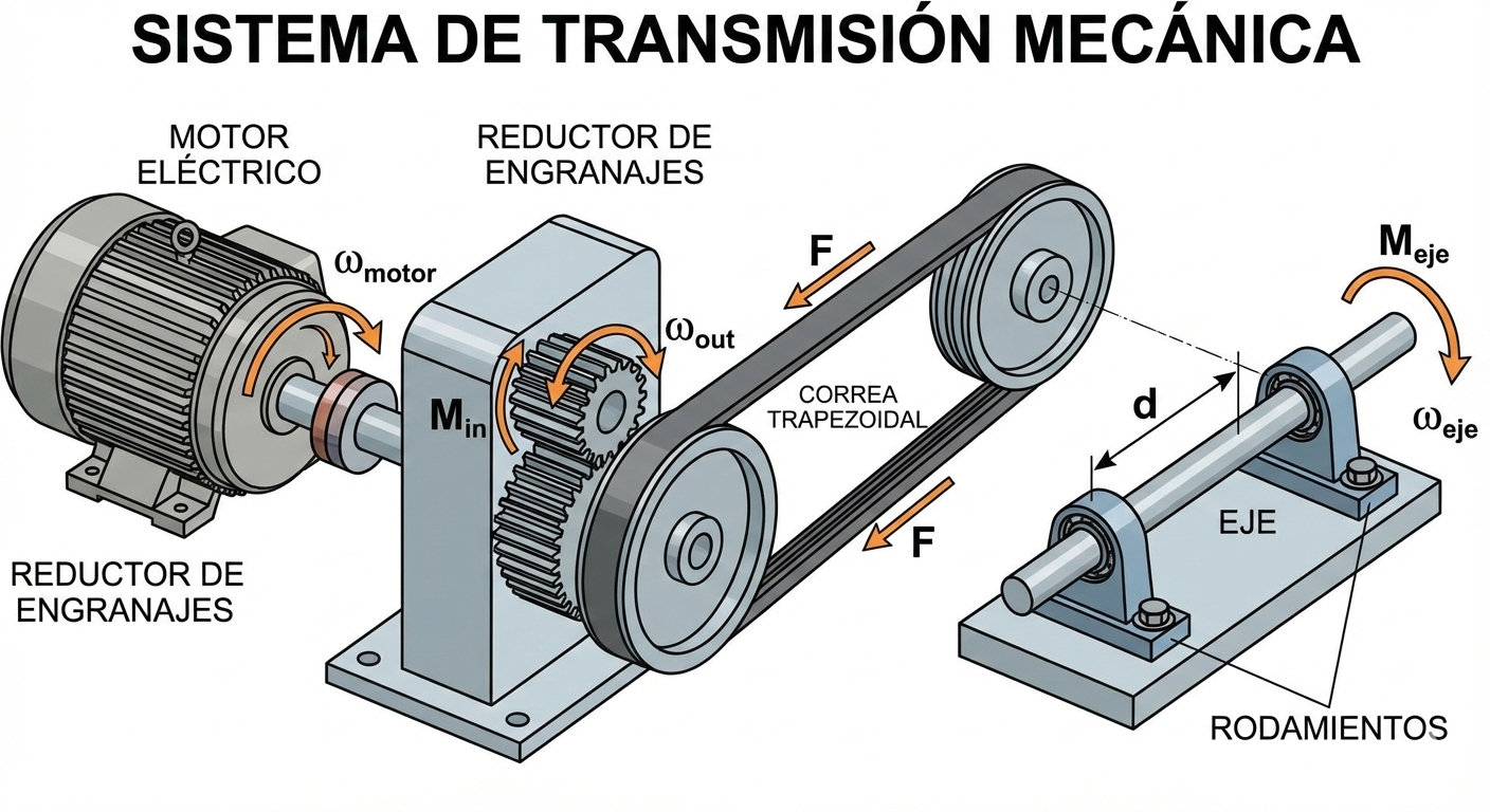 Ilustración técnica de un sistema de transmisión mecánica: motor eléctrico acoplado a un reductor de engranajes, que a su vez mueve una correa trapezoidal que arrastra un eje con dos rodamientos. Se indican las variables de par (M), fuerza (F), distancia (d) y velocidad angular (ω).