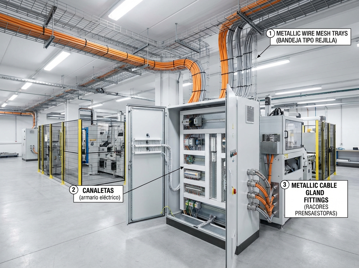 Vista general de una celda de fabricación industrial mostrando: bandejas portacables tipo rejilla metálica en techo con cables de potencia, armario eléctrico abierto con canaletas PVC blancas organizando el cableado de control, y racores prensaestopas metálicos en los pasamuros de entrada al armario.