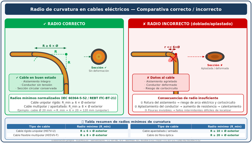 Esquema comparativo del radio de curvatura en cables eléctricos: panel izquierdo (verde) muestra el radio correcto R mayor o igual a 6 veces el diámetro exterior con sección circular intacta; panel derecho (rojo) muestra radio incorrecto con aplastamiento, aislamiento agrietado y riesgo de cortocircuito. Tabla de radios mínimos normalizados según IEC 60364-5-52.