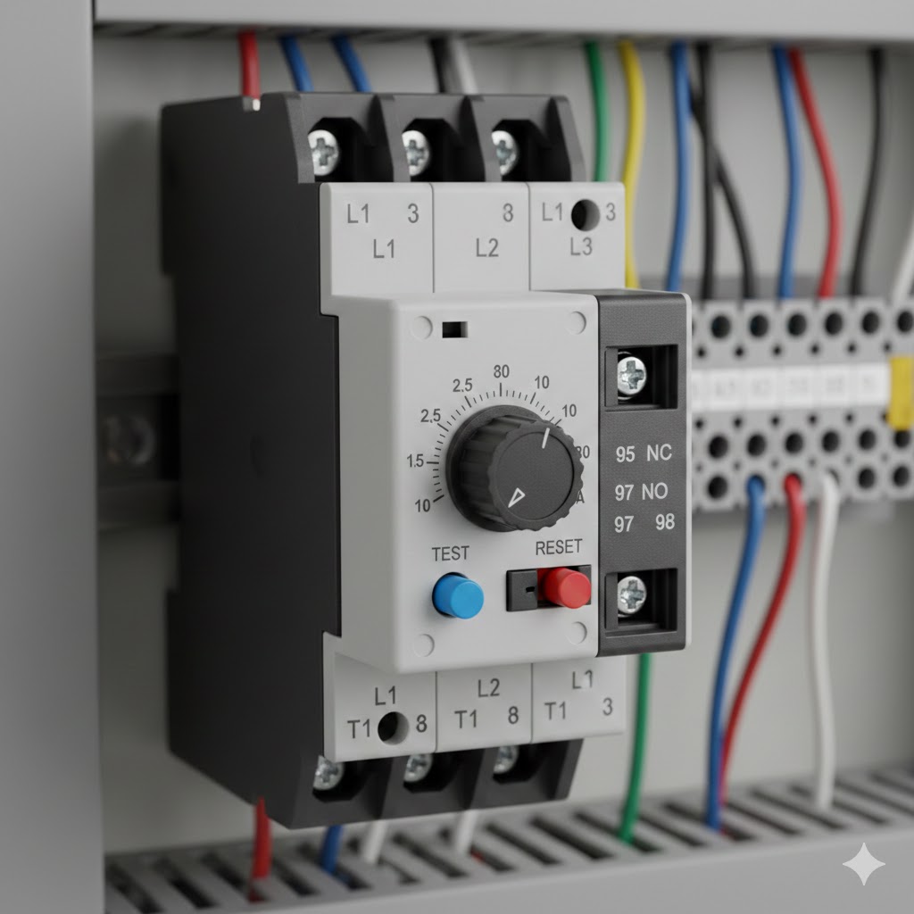 Relé térmico de sobrecarga con escala de regulación de corriente, botón de test y contactos auxiliares para conexión a PLC