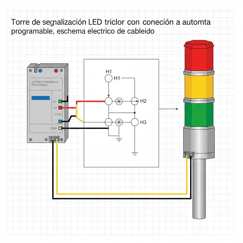 Torre de señalización LED tricolor con conexión a autómata programable, esquema eléctrico de cableado