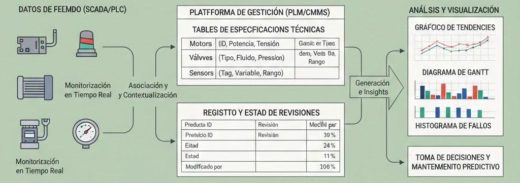 Esquema conceptual que relaciona datos de campo con tablas de especificaciones y gráficos de evolución temporal