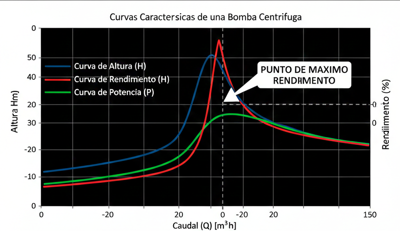 Gráfico de líneas con curvas de altura y rendimiento frente a caudal, señalando el punto de máximo rendimiento