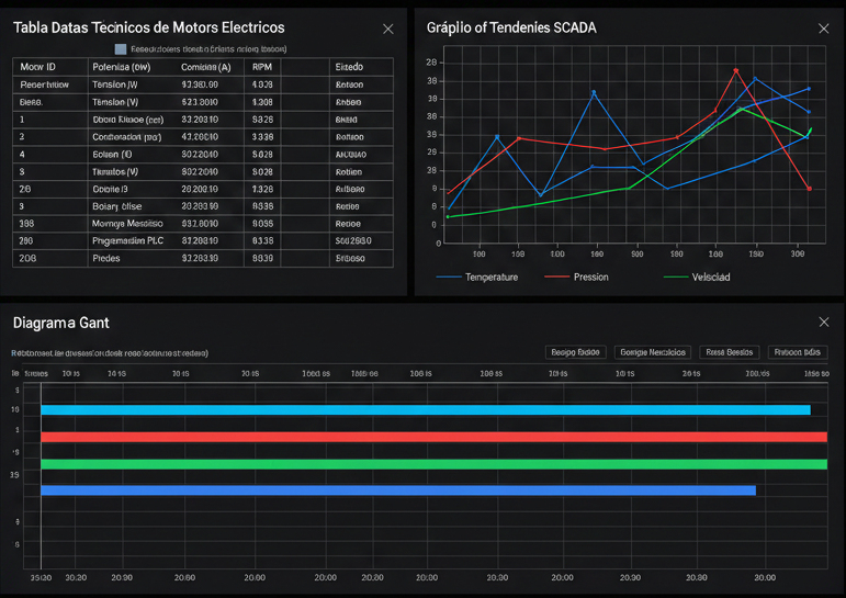 Composición que muestra una tabla de datos técnicos de motores, un gráfico de tendencias SCADA y un diagrama de Gantt