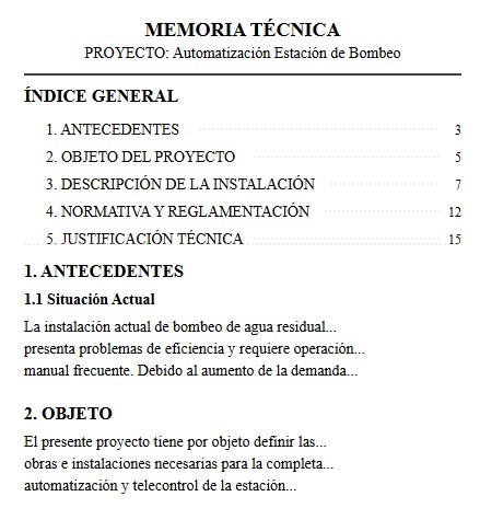 Simulación de una página de una memoria técnica real mostrando el índice general y fragmentos de texto con los apartados: Antecedentes, Objeto, Descripción, Normativa y Justificación.