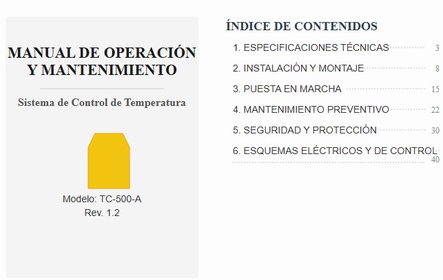 Simulación profesional de la portada y la página de índice de un manual técnico con el título 'Manual de operación y mantenimiento - Sistema de control de temperatura', detallando las secciones: especificaciones, instalación, puesta en marcha, mantenimiento, seguridad y esquemas.
