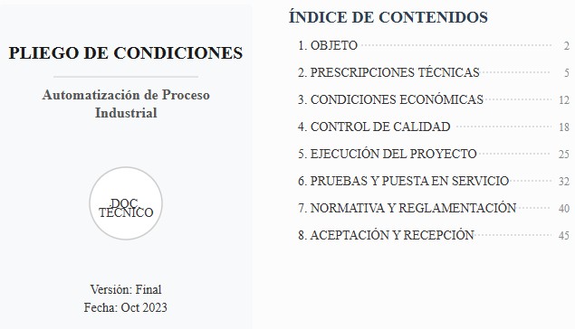 Simulación profesional de la portada y la página de índice de un pliego de condiciones con el título 'Pliego de condiciones - Automatización de Proceso Industrial', detallando las secciones: Objeto, Prescripciones técnicas, Condiciones económicas, Calidad, Ejecución, Pruebas, Normativa y Aceptación.