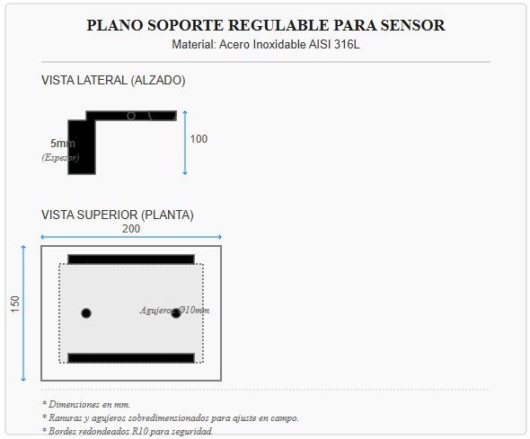 Simulación profesional de un plano técnico para un soporte regulable de sensor: Vistas lateral (Alzado) y superior (Planta) con cotas precisas de 200x150 mm. Especifica material 'Acero Inoxidable AISI 316L', espesor de chapa 5 mm, agujeros Ø10mm y ranuras para regulación. Incluye maneta de ajuste y orificios de montaje.