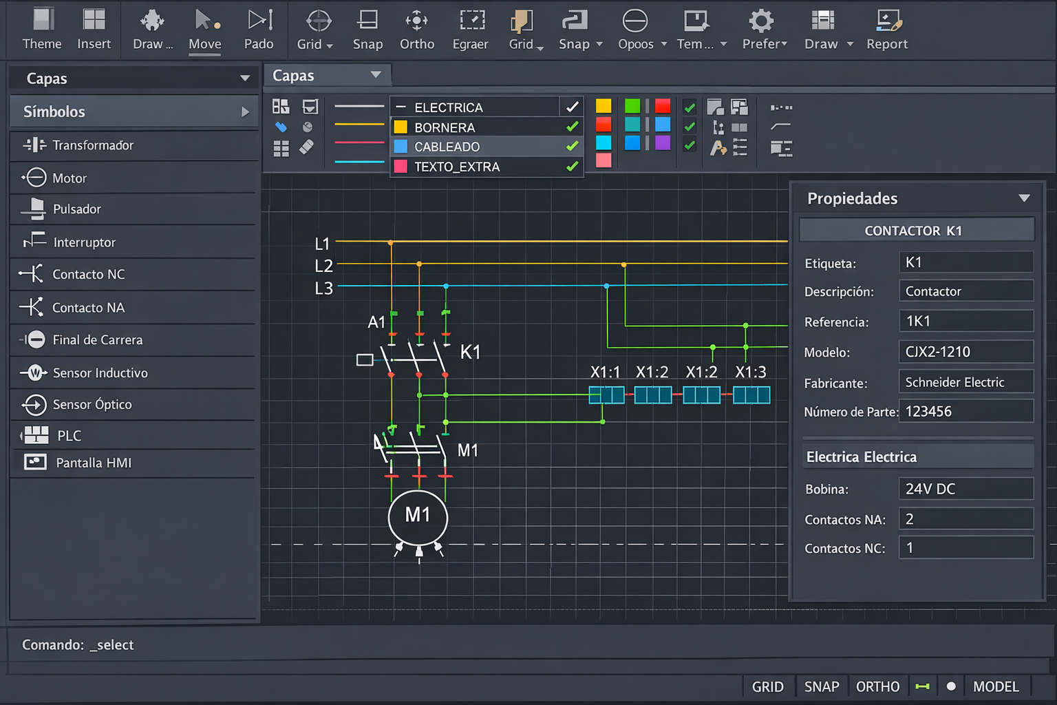 Captura de pantalla de software CAD mostrando un esquema multifilar en elaboración. Se aprecian las diferentes capas (eléctrica, bornes, cableado), la paleta de símbolos normalizados y las propiedades de un componente seleccionado.