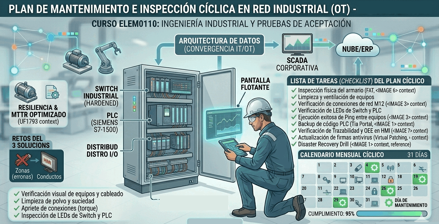 Infografía de técnico de planta con tablet verificando un armario de red mediante un plan de inspección mensual.