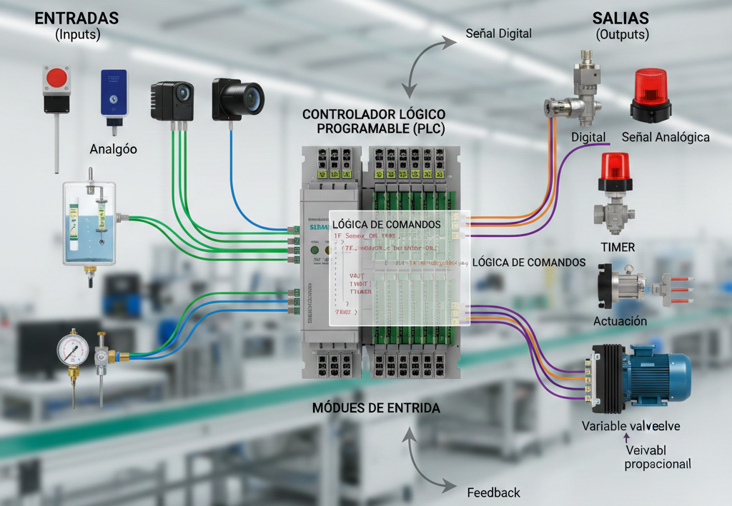 Módulos de entrada y salida de PLC mostrando conexiones digitales y analógicas