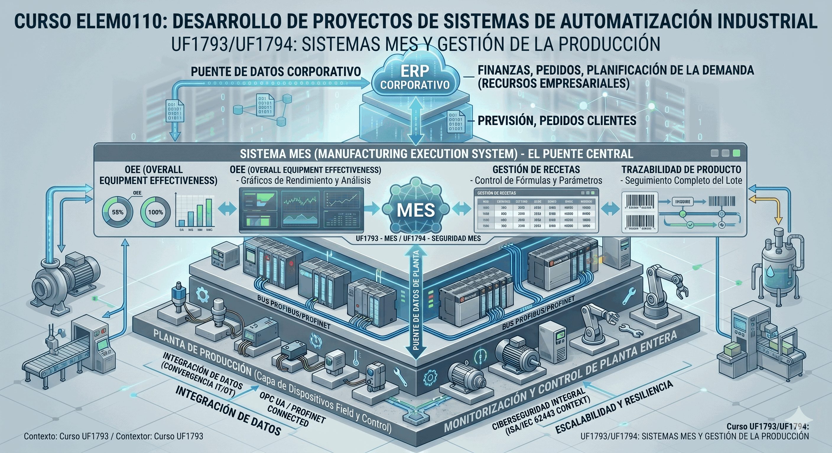 Infografía tecnológica de un sistema MES actuando como puente entre el ERP y los PLCs.