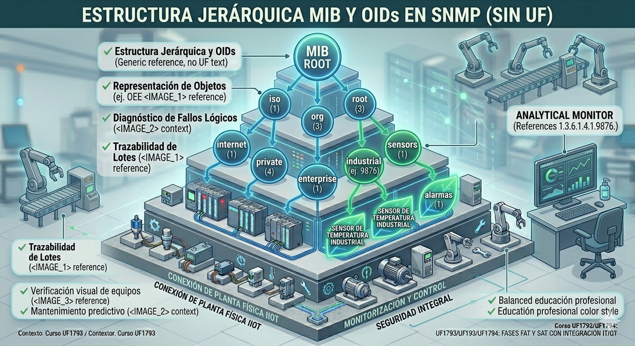 Infografía del árbol MIB y la estructura jerárquica de los OID en SNMP.