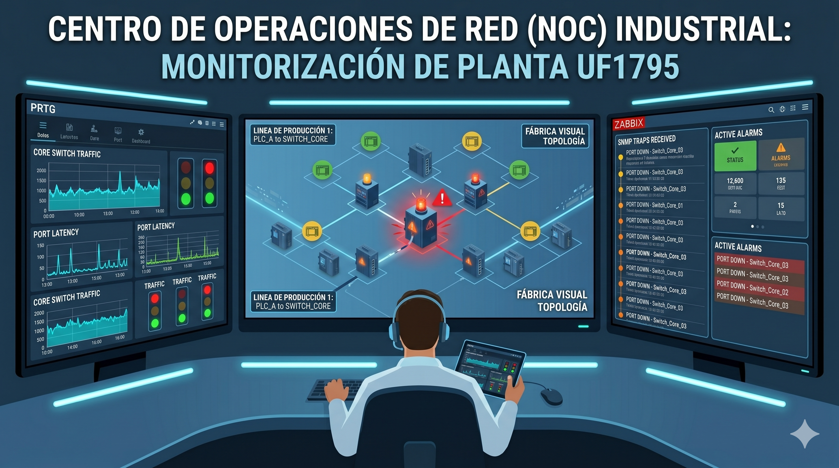 Infografía mostrando un dashboard de NMS como PRTG/Zabbix con un mapa topológico vivo de una fábrica.