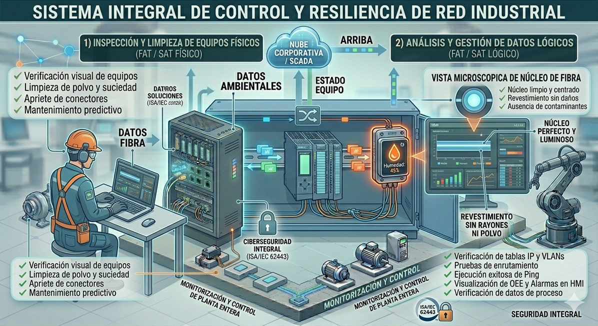 Ilustración conceptual de un armario de red industrial con sensorización IoT ambiental para humedad y vibración.
