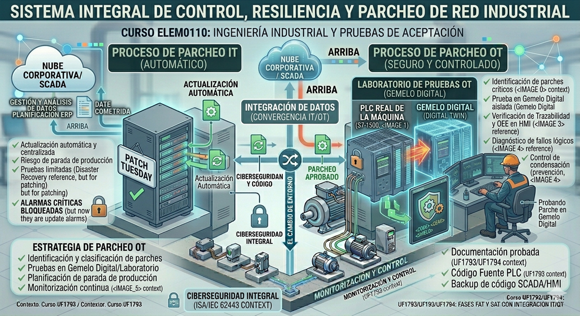 Infografía del proceso de parcheo en OT frente a IT, destacando el laboratorio de pruebas y el Gemelo Digital.