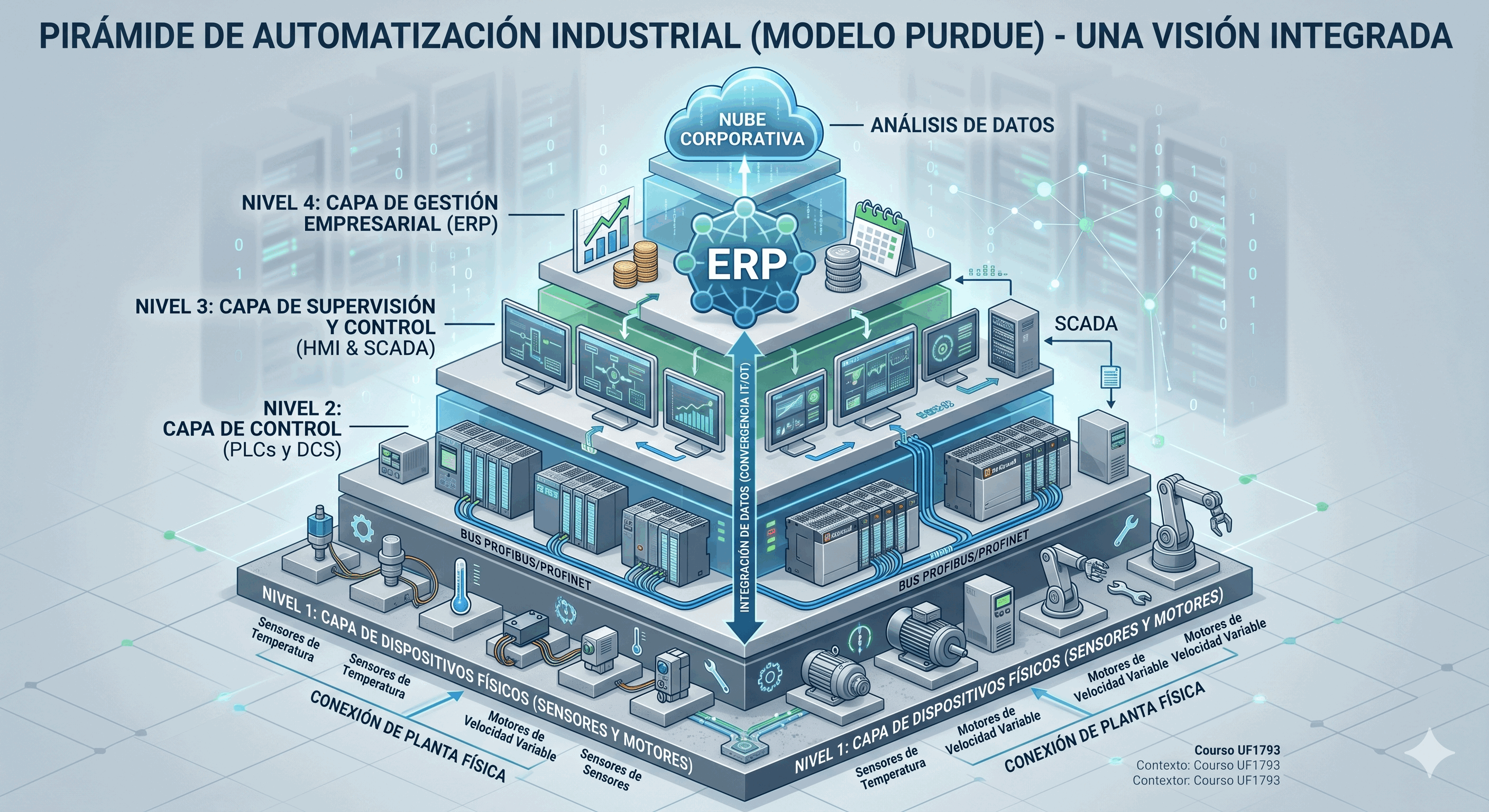 Infografía 3D de la Pirámide de Automatización con sus 5 niveles característicos.