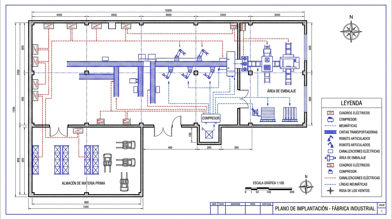 Plano de implantación de una nave industrial. Se muestra la distribución de una línea de producción con cintas transportadoras, robots articulados, áreas de embalaje, almacén de materia prima, cuadros eléctricos y las rutas de canalizaciones eléctricas y neumáticas. Incluye leyenda de símbolos, escala gráfica y rosa de los vientos con el norte.