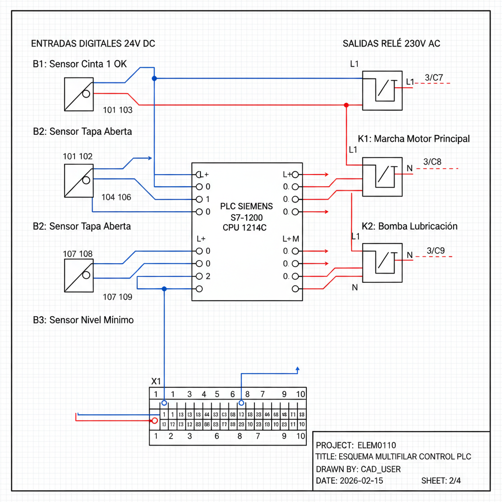 Esquema eléctrico multifilar PLC y Sensores