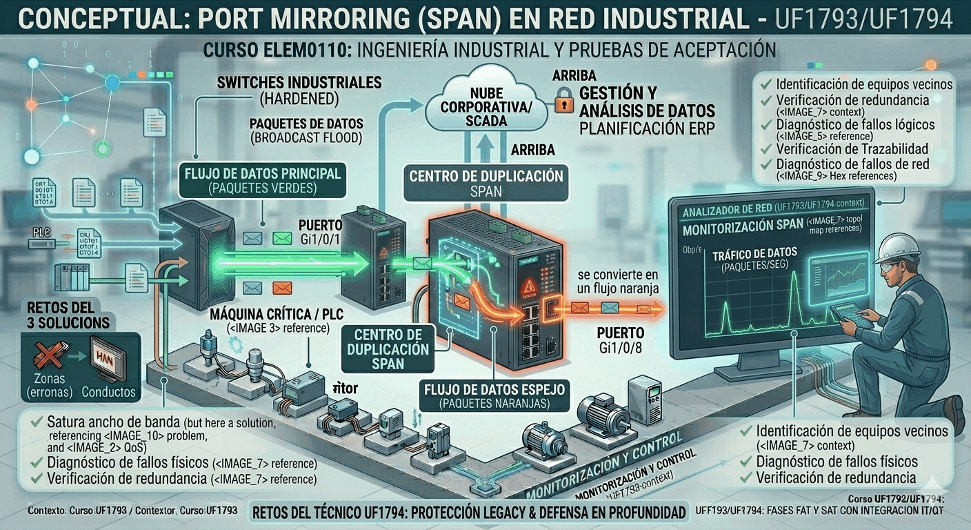 Ilustración conceptual de Port Mirroring mostrando cómo se duplica el tráfico de un puerto hacia el puerto del analizador.