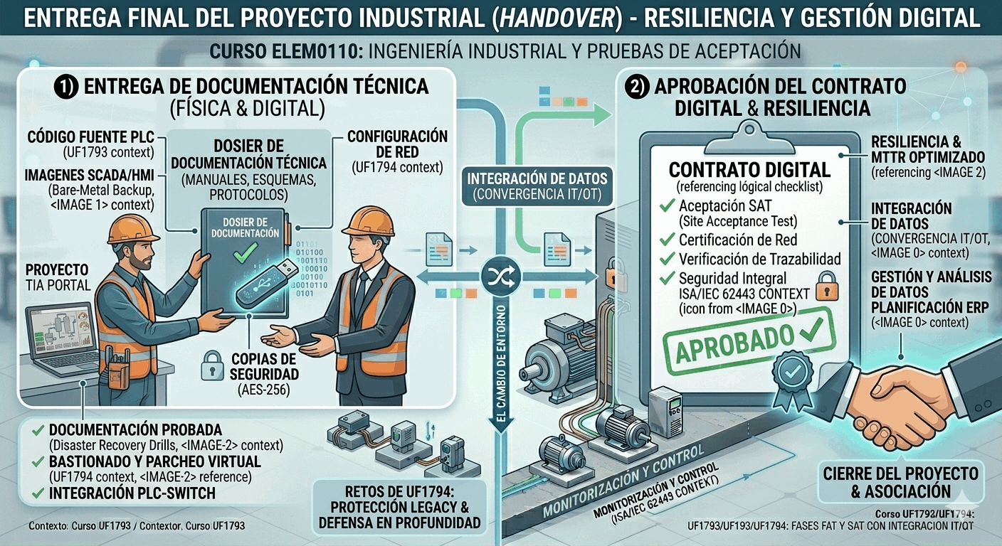 Infografía ilustrando el Handover: entrega de documentación As-Built y firma del contrato.