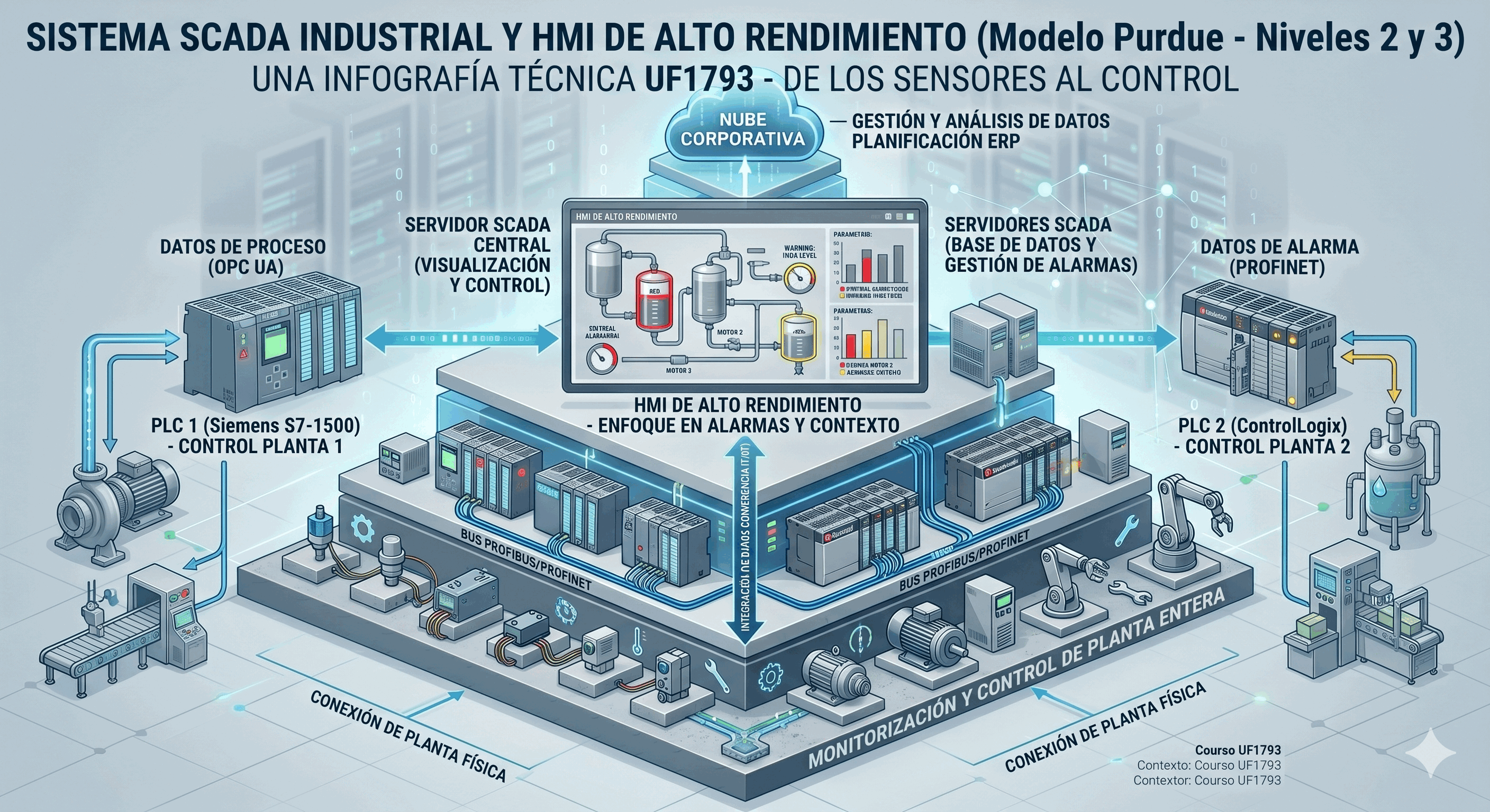 Pantalla SCADA aplicando los conceptos de High Performance HMI con tonos grises y alertas destacadas.