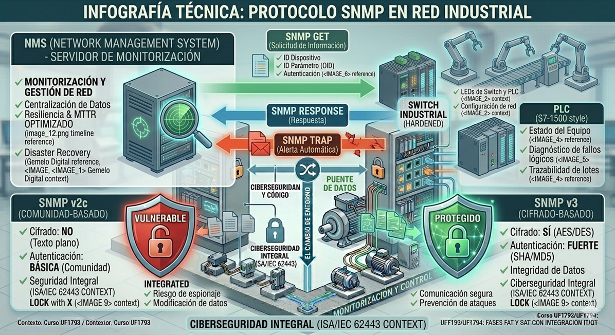 Infografía explicando el protocolo SNMP, contrastando la inseguridad de v2c frente a la robustez criptográfica de v3.