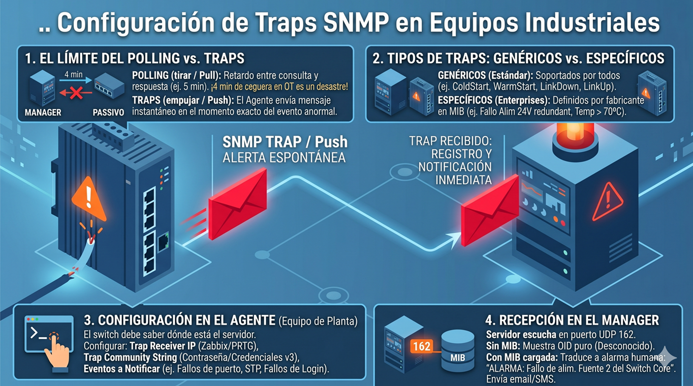 Infografía explicando el funcionamiento de los Traps SNMP, con un switch enviando una alerta a un servidor NMS.