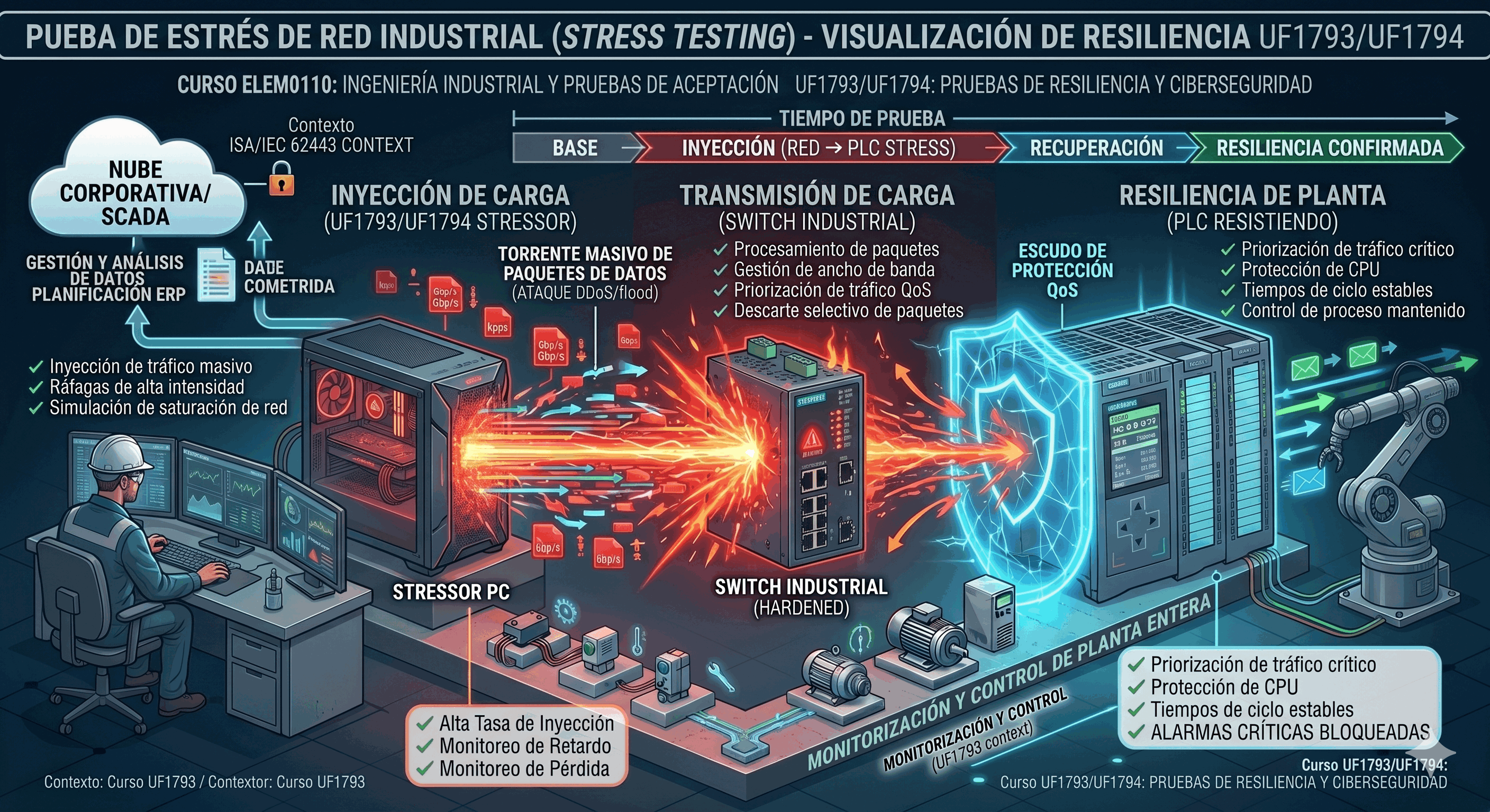 Infografía mostrando un ordenador inyectando un torrente de datos masivo hacia un switch y un PLC protegido por QoS.