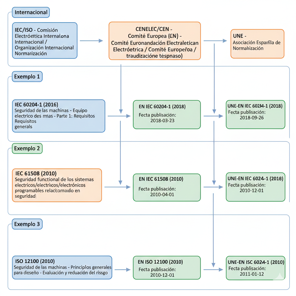 Diagrama de flujo de transposición normativa: IEC/ISO (internacional) -> EN (Europea) -> UNE-EN (Española). Mostrar ejemplos concretos: IEC 60204-1 -> EN 60204-1 -> UNE-EN 60204-1, con fechas de publicación y organismos responsables en cada nivel.