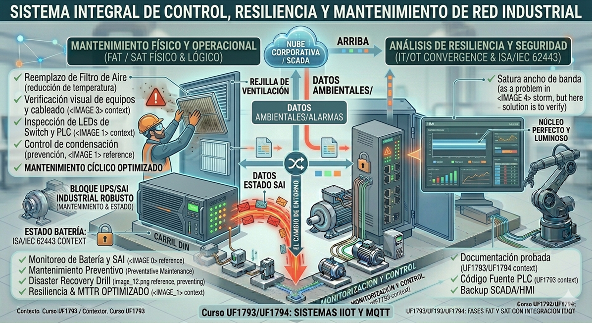 Ilustración de un técnico cambiando un filtro de ventilación en un armario con un SAI industrial en su base.