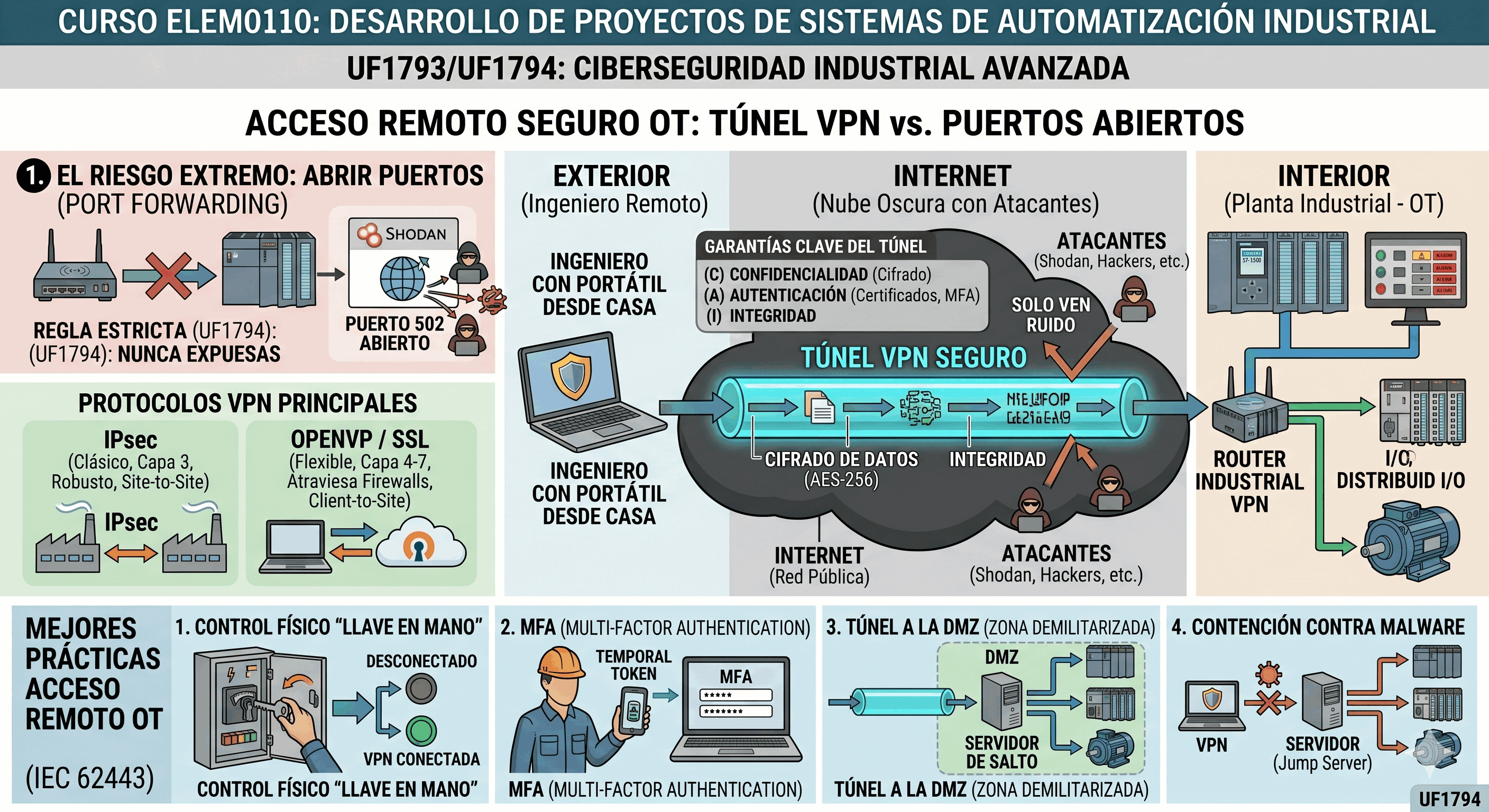 Esquema visual de un túnel VPN conectando a un ingeniero remoto con una fábrica.
