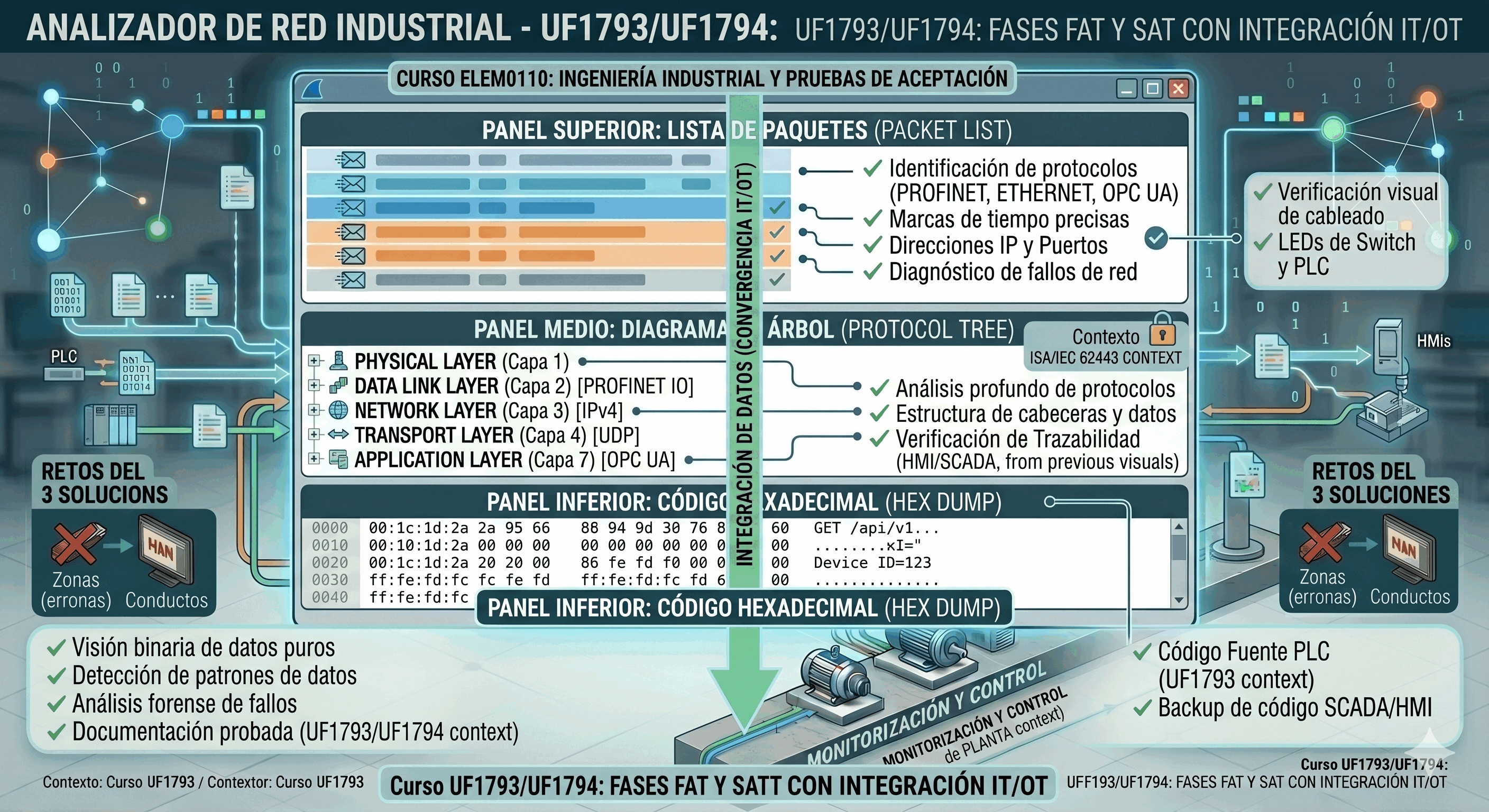 Interfaz de Wireshark con sus tres paneles principales: Lista de Paquetes, Detalles del Paquete y Bytes del Paquete.