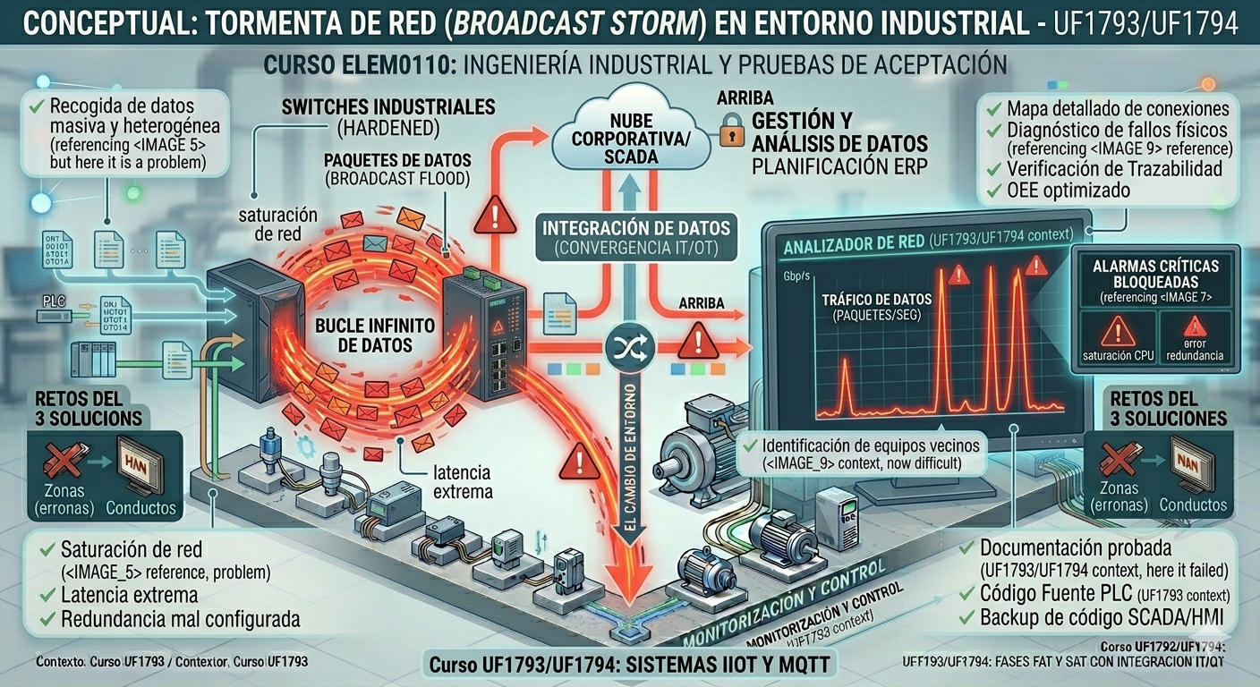 Ilustración conceptual de una tormenta de broadcast girando en un bucle entre dos switches, con un gráfico de tráfico saturado.